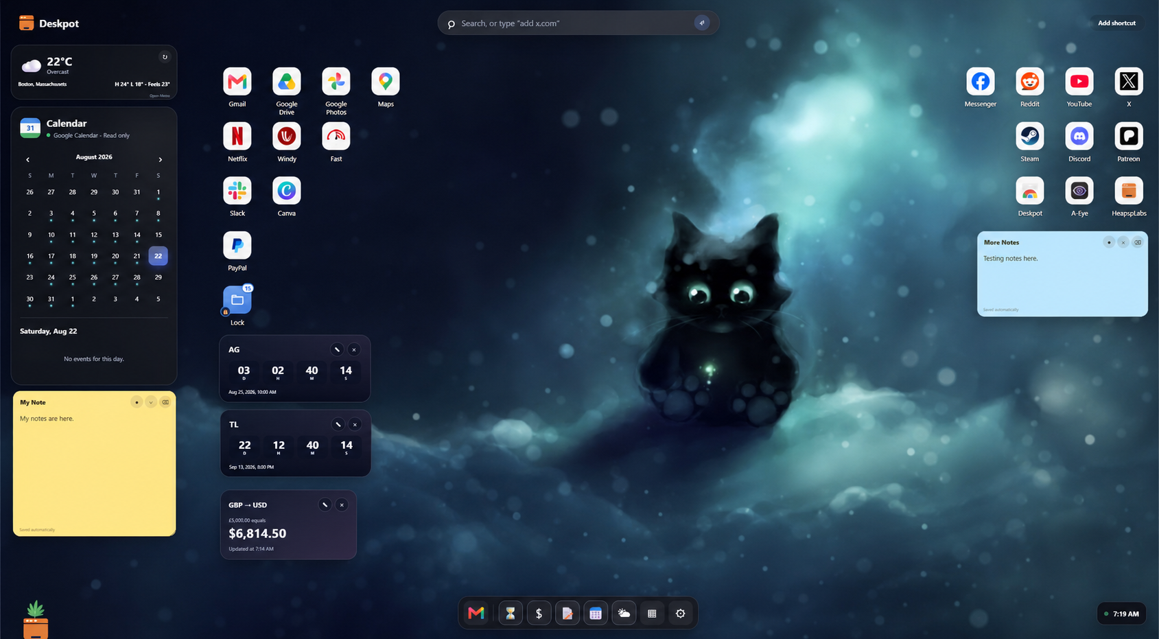 A real Deskpot desktop with a dreamy dark blue cat wallpaper, visual shortcuts, calendar, notes, countdowns, currency converter, and a dock