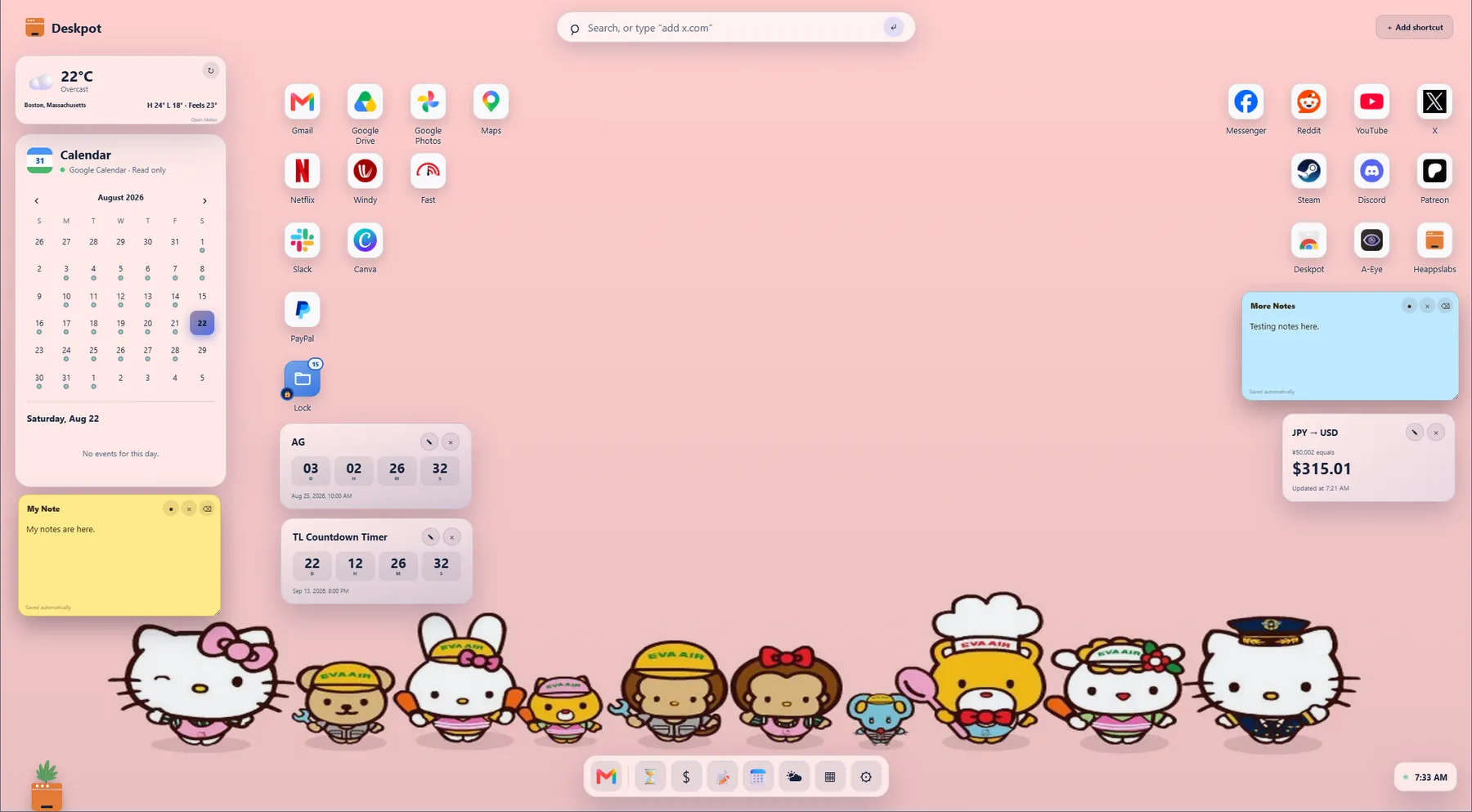 Deskpot Chrome New Tab showing calendar, weather, countdown timer, currency converter, and sticky notes