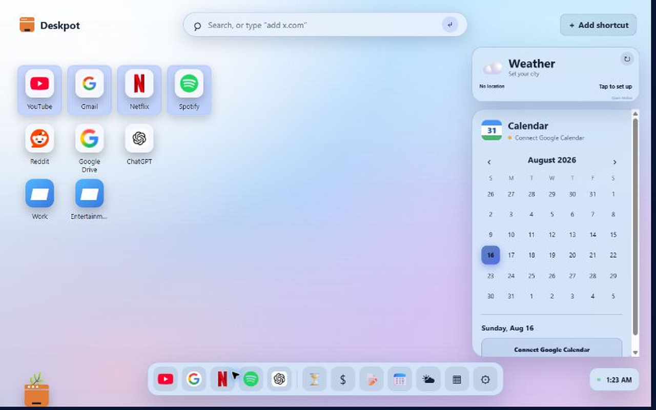 Deskpot overview with shortcuts and widgets